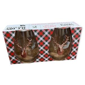 Christmas Reindeer Deer Stag Holiday Gold Medallion Stemless Wine Glasses